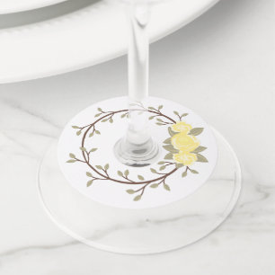 Cute Spring Yellow Floral Wreath Party Wine Glass Tag