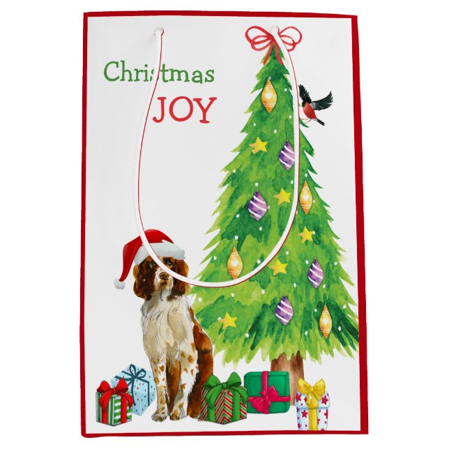 Cute Springer Spaniel Santa Hat and Christmas Tree Medium Gift Bag (Front)
