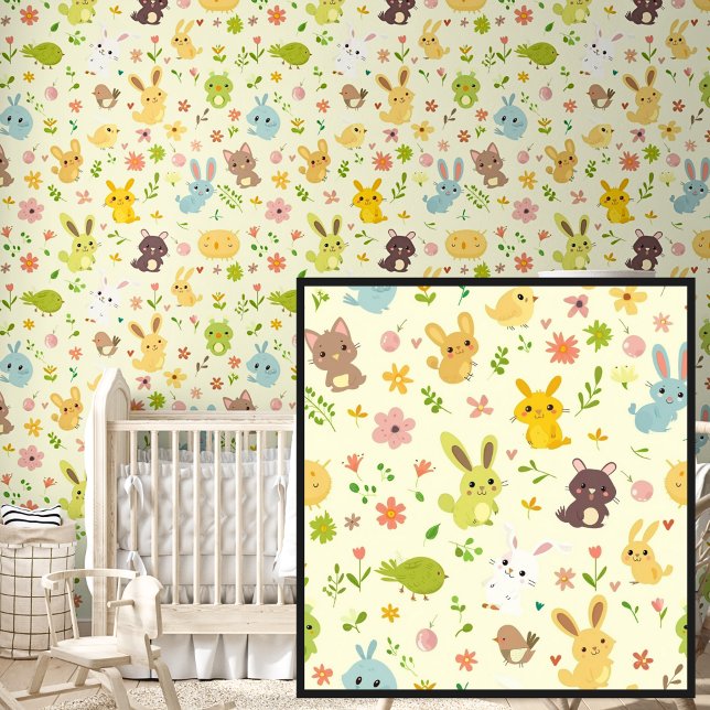 Cute Springtime bunny Rabbits &  Birds on Cream Wallpaper (Creator Uploaded)