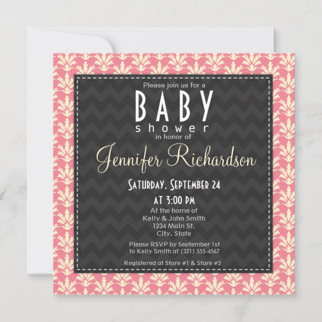 Cute Square Pink Damask Pattern Baby Shower Invitation (Front)