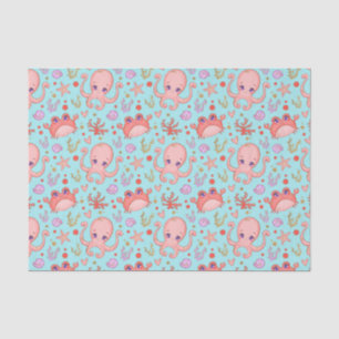 Cute Squid and Crab Marine Life Blue Tissue Paper