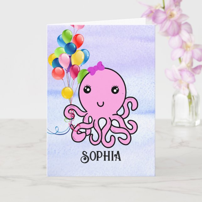 Cute Squid Birthday Personalize Name Age Octopus C Card (Orchid)