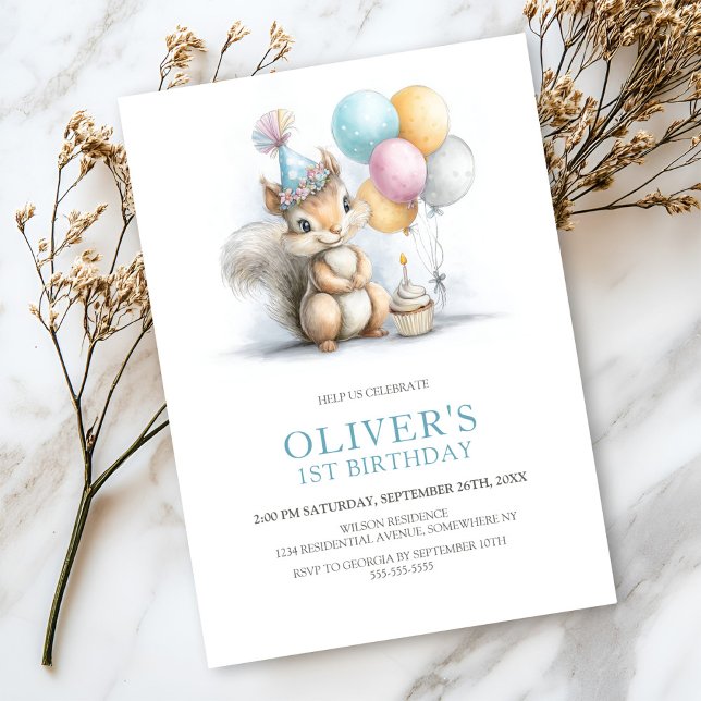 Cute Squirrel 1st Birthday Party Invitation (Creator Uploaded)