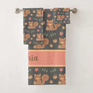 Cute Squirrel Acorn Autumn Leaves Pattern Name Bath Towel Set