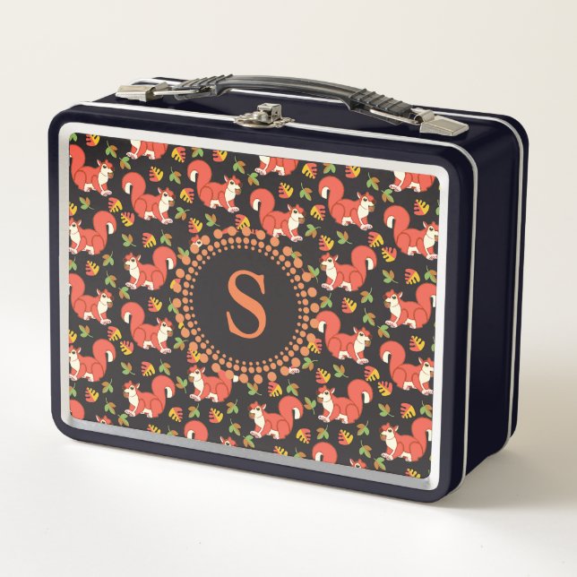 Cute Squirrel and Autumn Leaf Pattern Monogram Metal Lunch Box (Front)