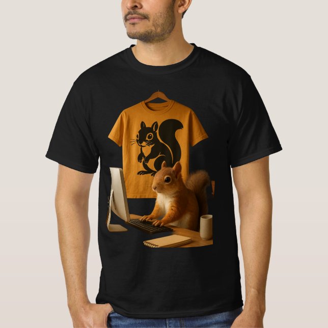 Cute Squirrel and Laptop Graphic T-Shirt (Front)