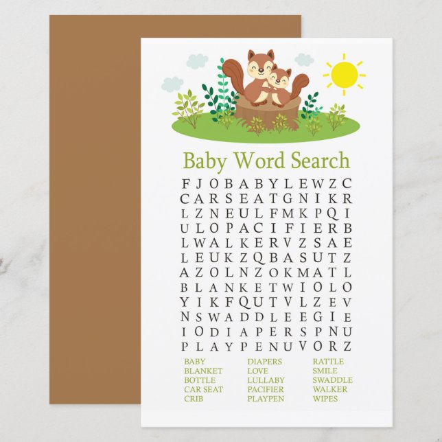 Cute Squirrel Baby Shower Word Search Game (Front/Back)