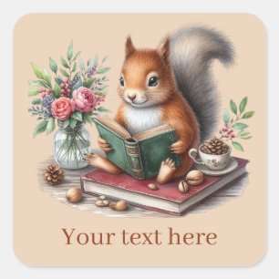 Cute squirrel book lover add text square sticker
