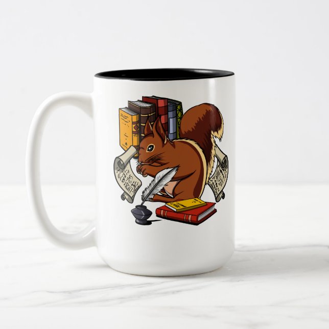 Cute Squirrel Book Reading Forest Animal Two-Tone Coffee Mug (Left)