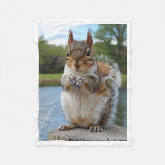 Cute Squirrel by the Lake Nature Fleece Blanket (Front)