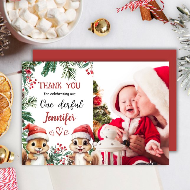 Cute Squirrel Christmas 1° Birthday Thank You Card (Creator Uploaded)