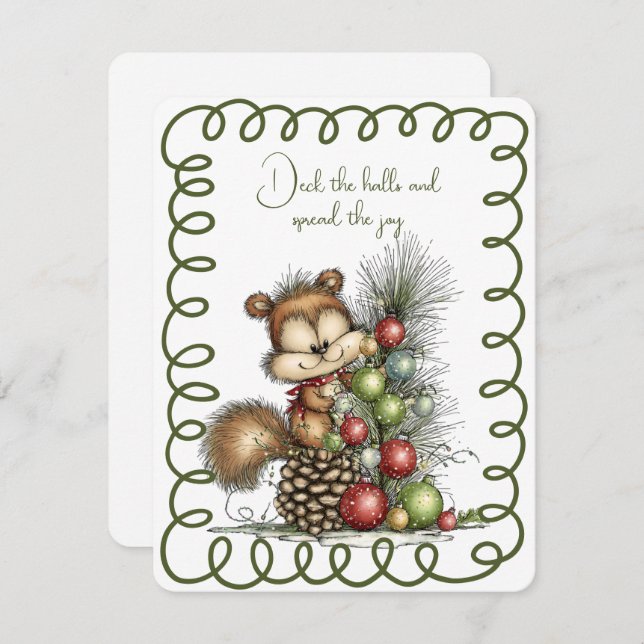Cute Squirrel Decorating a Christmas Tree Holiday Card (Front/Back)