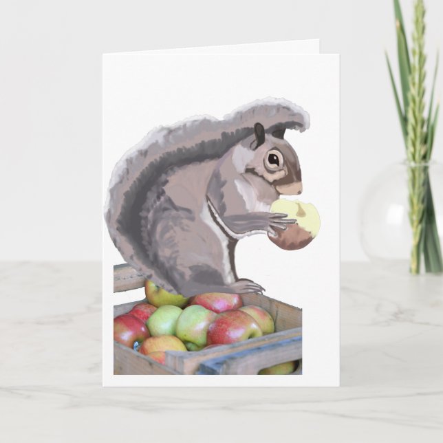Cute Squirrel Eating an Apple on a Apple Crate Holiday Card (Front)