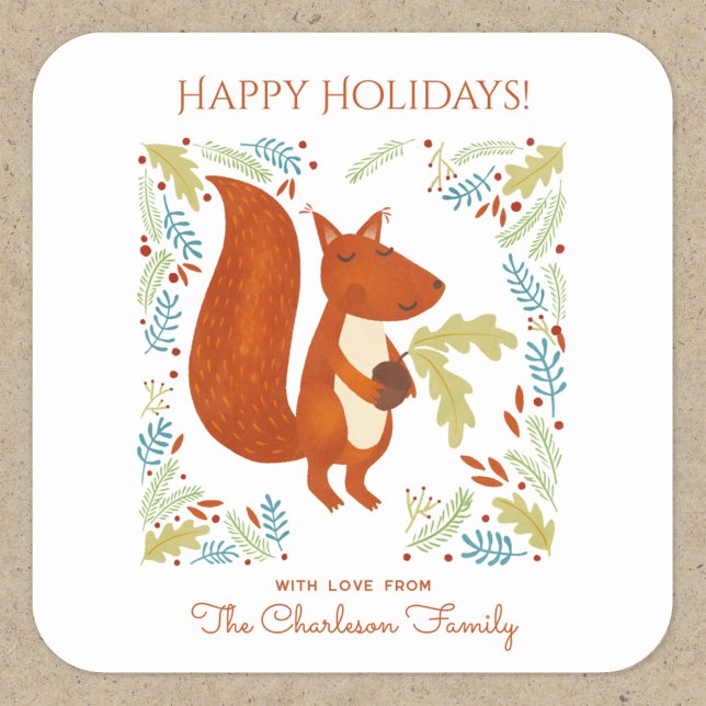 Cute Squirrel Happy Holidays Personalized Square Sticker (Fun Squirrel Happy Holidays personalized sticker)