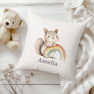 Cute Squirrel Holding A Rainbow Modern Nursery Throw Pillow
