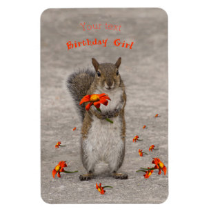 Cute Squirrel holding a red flower personalize Magnet