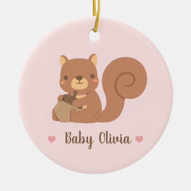 Cute Squirrel Holding Acorn Baby Girl Personalized Ceramic Ornament (Front)
