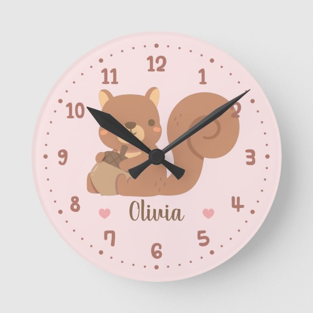 Cute Squirrel Holding Acorn Baby Nursery Decor Round Clock (Front)