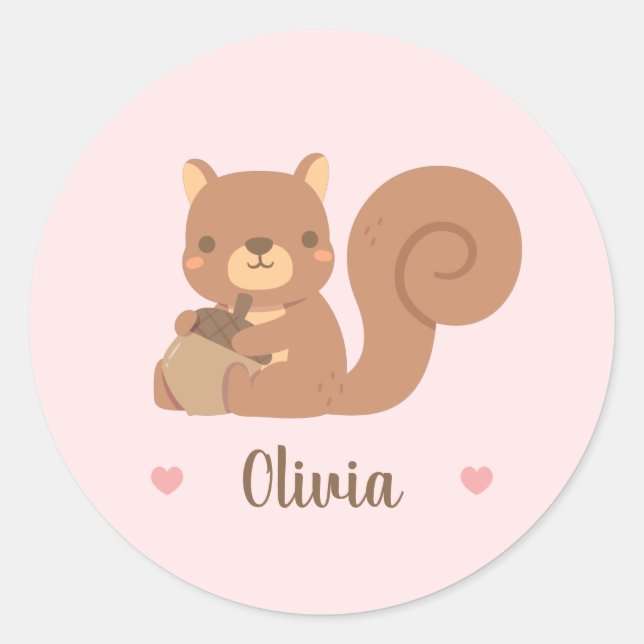 Cute Squirrel Holding Acorn Girls Name Pink Classic Round Sticker (Front)