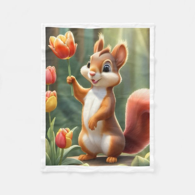 Cute Squirrel Holding Tulip Flower Fleece Blanket (Front)