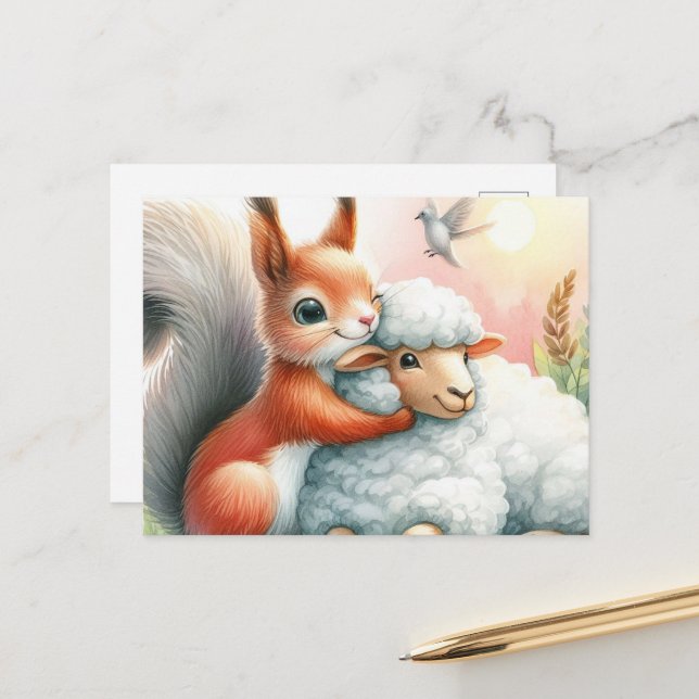 Cute Squirrel Hugs a Sheep Postcard (Front/Back In Situ)