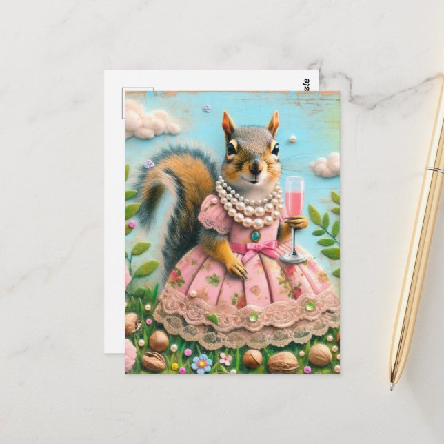 Cute Squirrel in a Pink Dress with a Drink Postcard (Front/Back In Situ)
