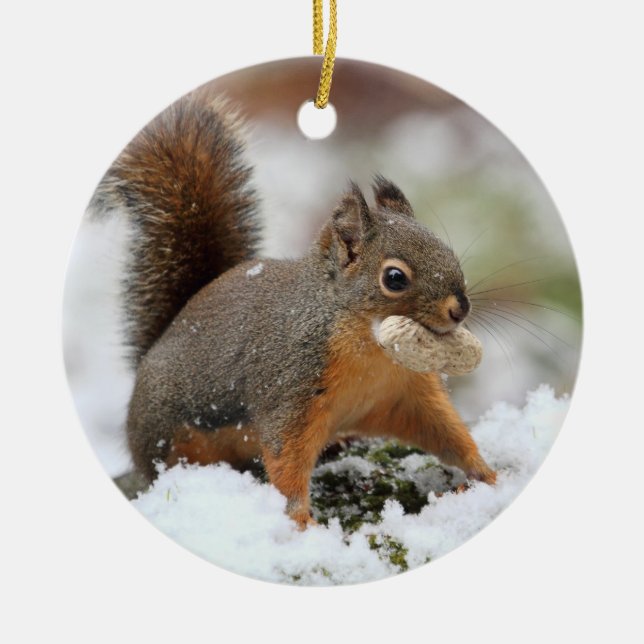 Cute Squirrel in Snow with Peanut Ceramic Ornament (Front)