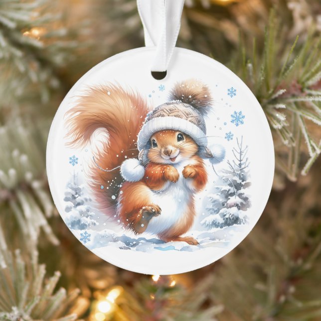 Cute Squirrel in the Snow Christmas Personalized Ornament (Tree)