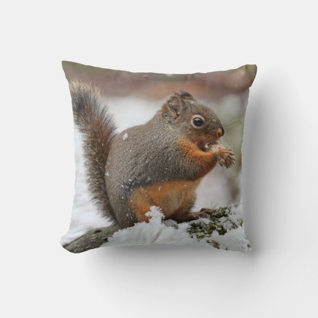 Cute Squirrel in the Snow Photo Throw Pillow (Front)