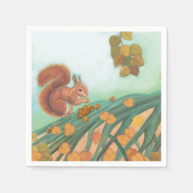 Cute Squirrel is Eating Hazelnut Illustration Napkin (Front)