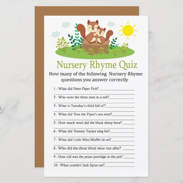 Cute Squirrel Nursery Rhyme Quiz baby shower game (Front/Back)