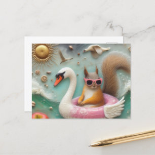 Cute Squirrel on a Pink and White Swan Floatie  Postcard