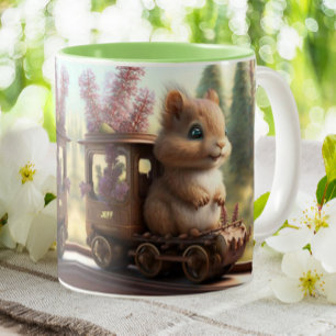 Cute Squirrel on a Train Personalized Two-Tone Coffee Mug