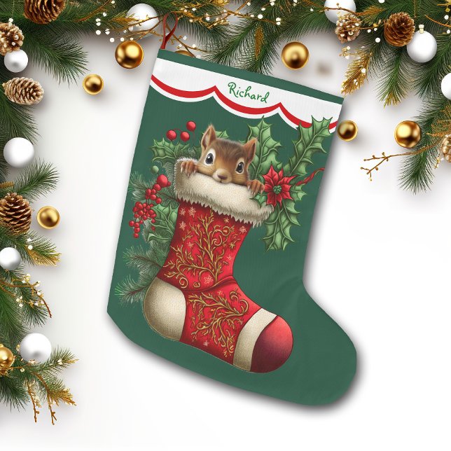Cute Squirrel Peeking Large Christmas Stocking (Creator Uploaded)