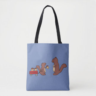 Cute squirrel sharing a wagon of acorns tote bag