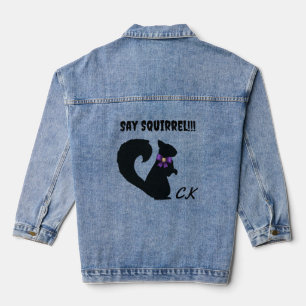 Cute Squirrel Silhouette with Purple Jewel Bow Denim Jacket