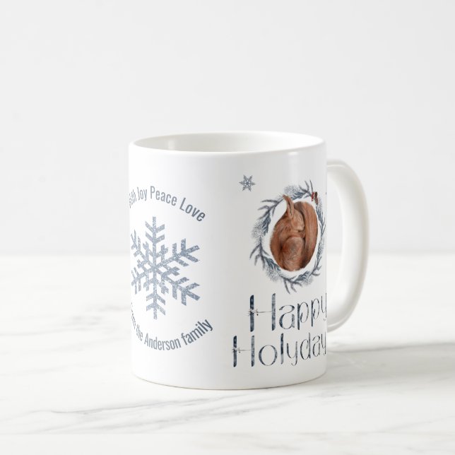 Cute Squirrel Sleeps In A Nest. Happy Holidays Coffee Mug (Front Right)