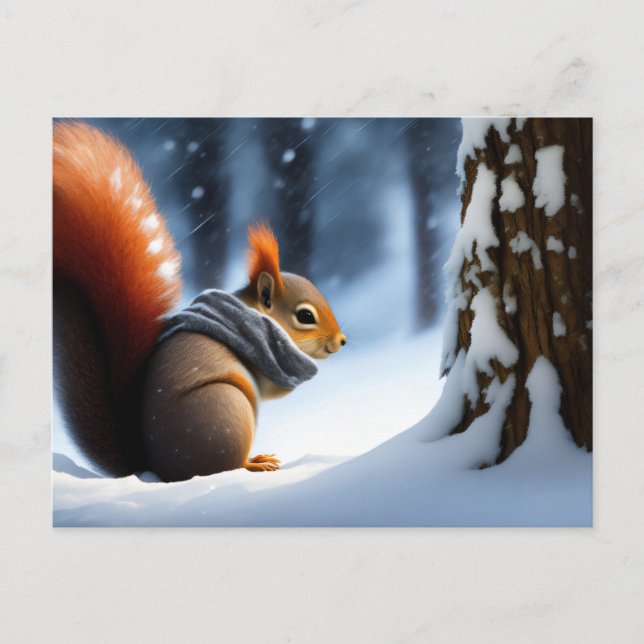 Cute Squirrel warming hands in a scarf Postcard (Front)