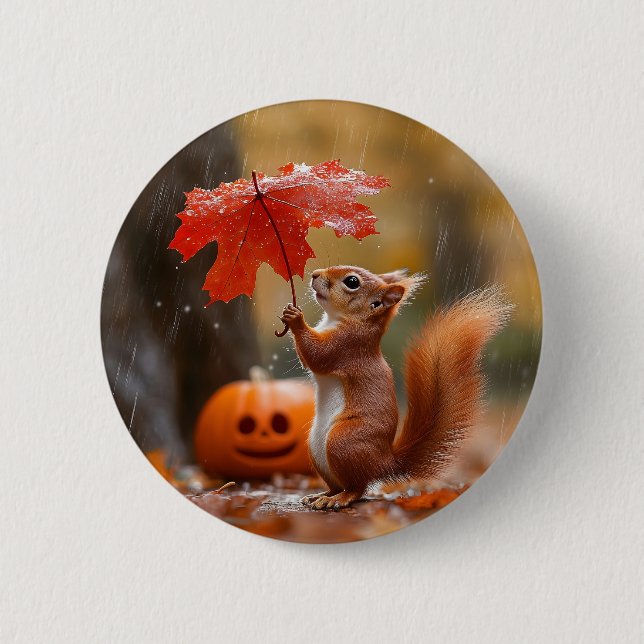 Cute Squirrel with a Leaf Umbrella - Autumn Rain 2 Inch Round Button (Front)