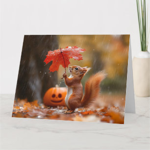 Cute Squirrel with a Leaf Umbrella - Autumn Rain Card