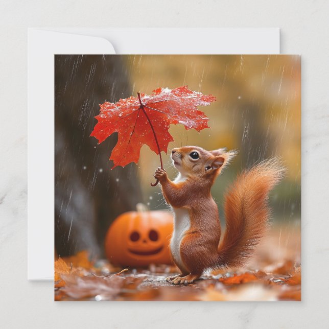 Cute Squirrel with a Leaf Umbrella - Autumn Rain Holiday Card (Front)
