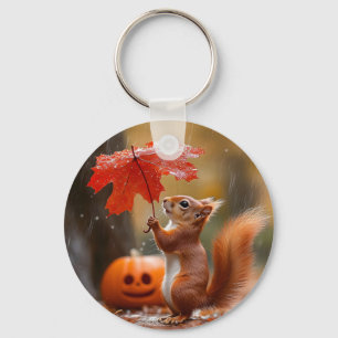 Cute Squirrel with a Leaf Umbrella - Autumn Rain Keychain