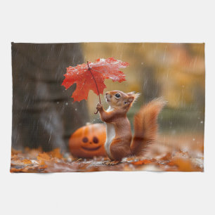 Cute Squirrel with a Leaf Umbrella - Autumn Rain Kitchen Towel