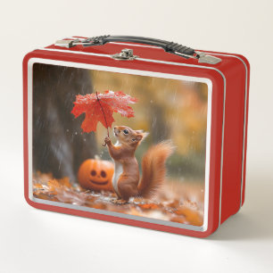 Cute Squirrel with a Leaf Umbrella - Autumn Rain Metal Lunch Box