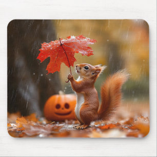 Cute Squirrel with a Leaf Umbrella - Autumn Rain Mouse Pad