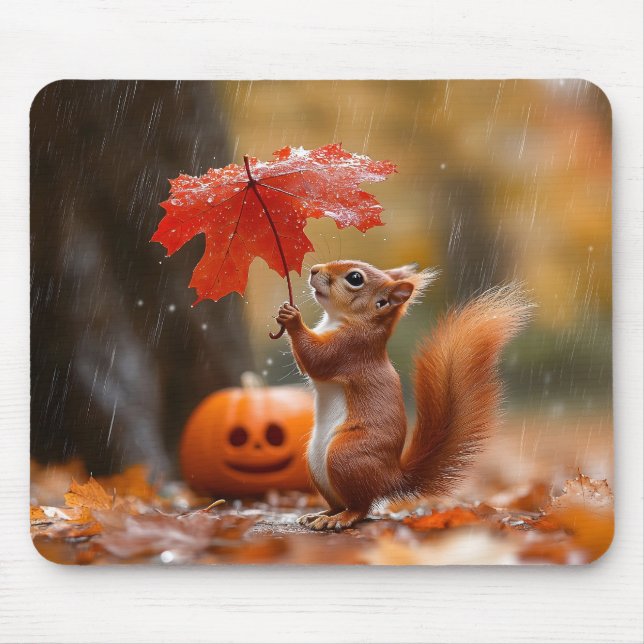 Cute Squirrel with a Leaf Umbrella - Autumn Rain Mouse Pad (Front)