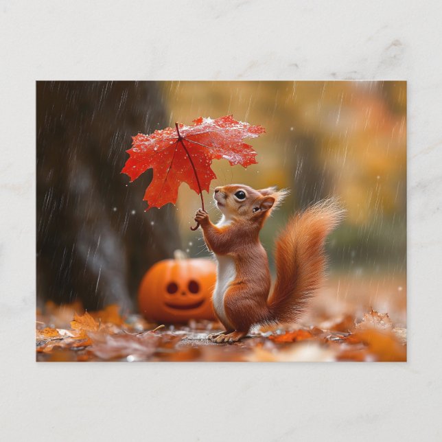 Cute Squirrel with a Leaf Umbrella - Autumn Rain Postcard (Front)