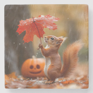 Cute Squirrel with a Leaf Umbrella - Autumn Rain Stone Coaster