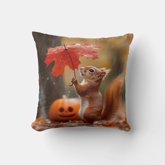Cute Squirrel with a Leaf Umbrella - Autumn Rain Throw Pillow (Front)