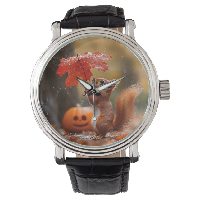 Cute Squirrel with a Leaf Umbrella - Autumn Rain Watch (Front)